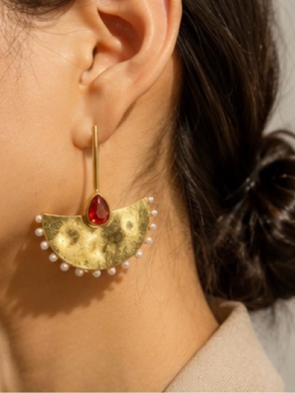 Vintage Gold Crescent Pearl Drop Earrings